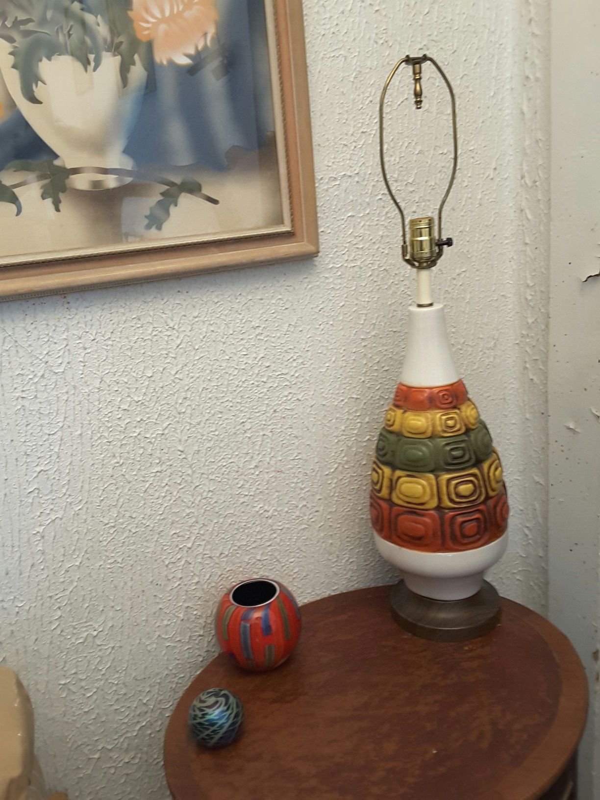 Gorgeous Adrian Pearsall Era mid century porcelain green gold and orange danish modern table lamps p