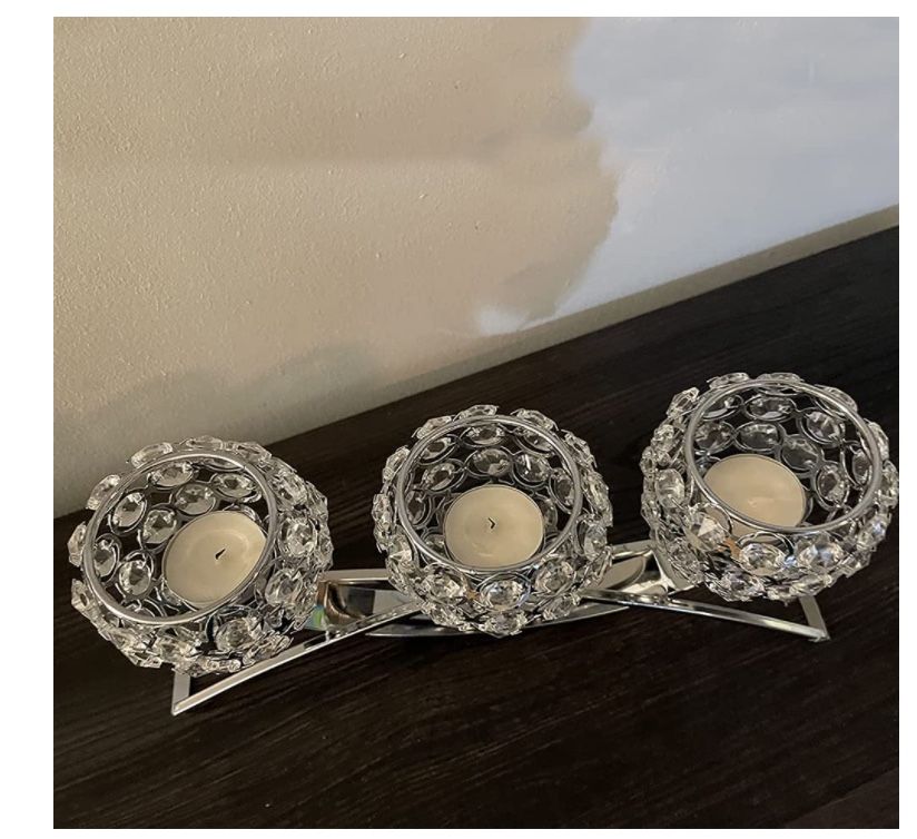 Crystal Candle Holders,Wedding Candle Holder 3-Candle Candelabras,Silver Candlesticks Holders for Candlelight Dinner,Home Decoration (Silver)