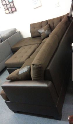 Brand New Brown Linen Sectional Sofa Couch +Ottoman  Thumbnail