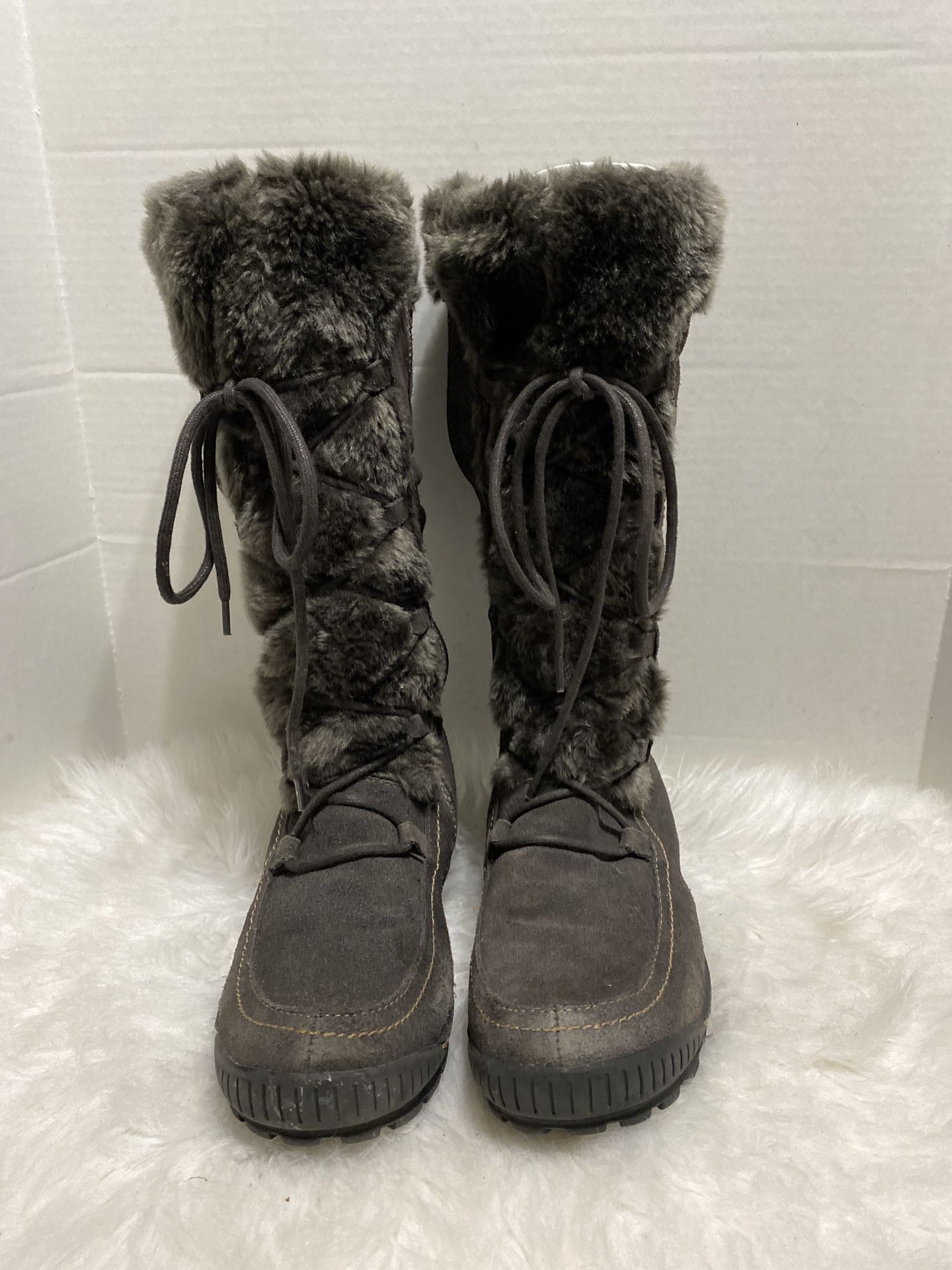 Baretraps Dory Winter Boots Gray Suede Leather Faux Fur Lined Tall Size 9