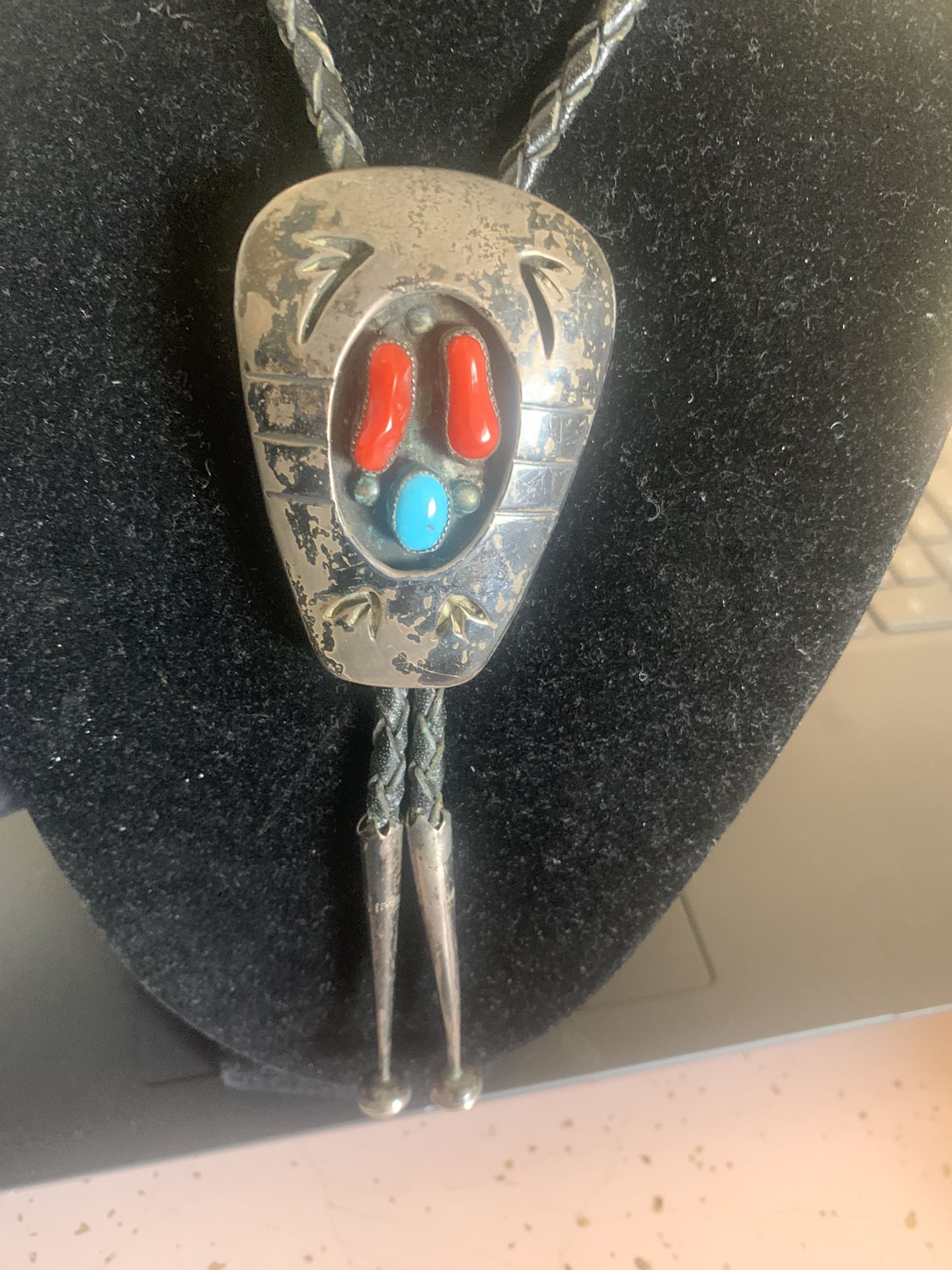 Vintage Sterling Navajo Turquoise and Coral Bolo , 