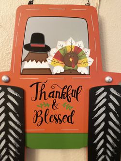 Fall Autumn Thankful & Blessed Pilgrim, Turkey  & Farmhouse Tractor Hanging Wood Sign Thumbnail