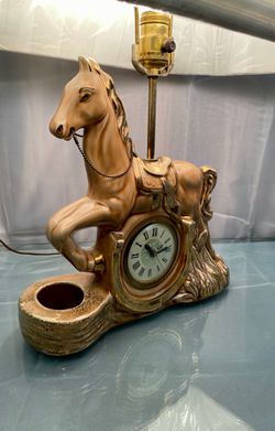 Vintage 50s Ceramic Horse Clock/Lamp w Like New Shade Thumbnail