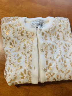 LADIES GOLD & WHITE LACE CARDIGAN ORLON ACRYLIC by PARK STORYK “ OPEN BOX UNUSED “ SEE ALL PICTURES “ PROTECTIVE SEALED BAG Thumbnail