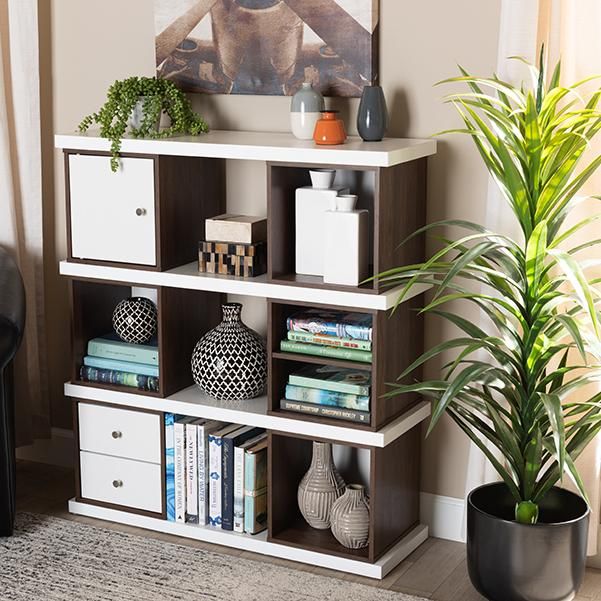 Rune Modern and Contemporary Two-Tone White and Walnut Brown Finished 2-Drawer Bookcase