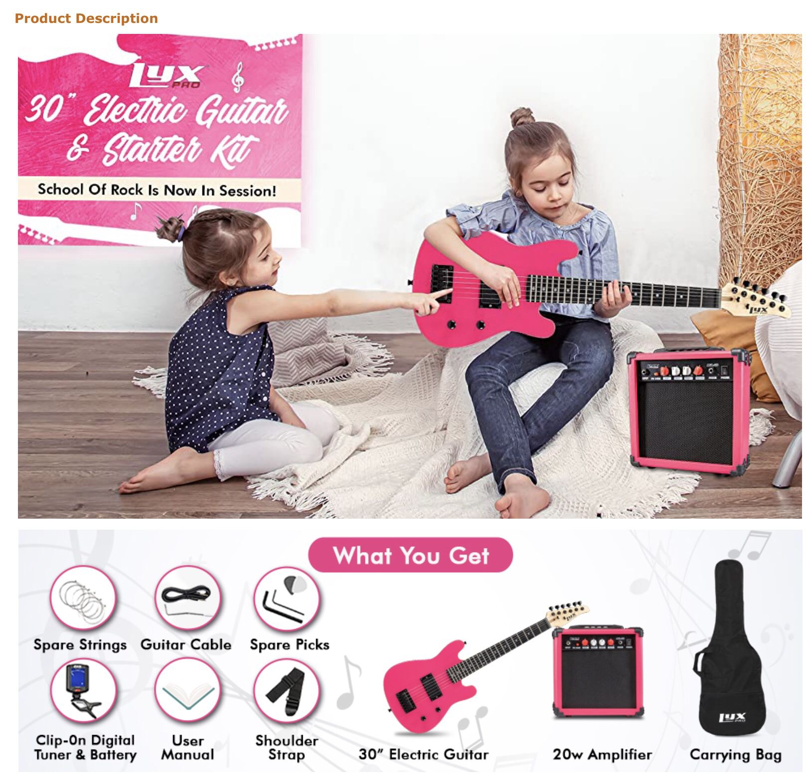 NIB LyxPro 30” Electric Guitar & Starter Kit for Kids with 3/4 Size Beginner’s Guitar & Amp, Pink