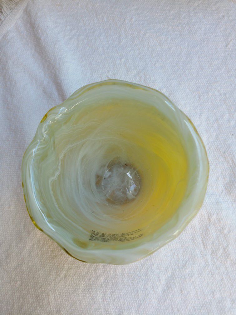 Spanish Blown Glass Hand Applied Cold Paint Process Lemon Yellow Drip Vase Bowl