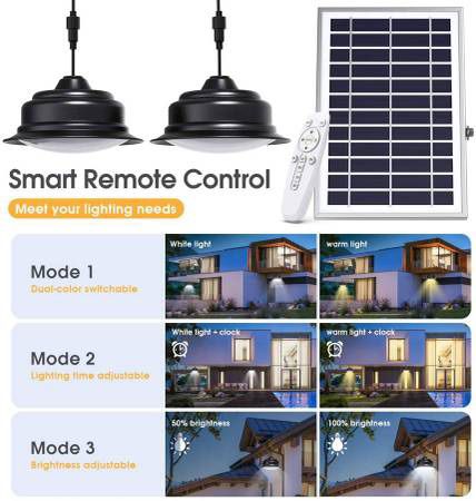 4 lights Solar Lights Indoor Outdoor Home Dual Head Solar Pendant Light with Smart Remote Control Dual Color Switchable Brightness & Timing Adjustable