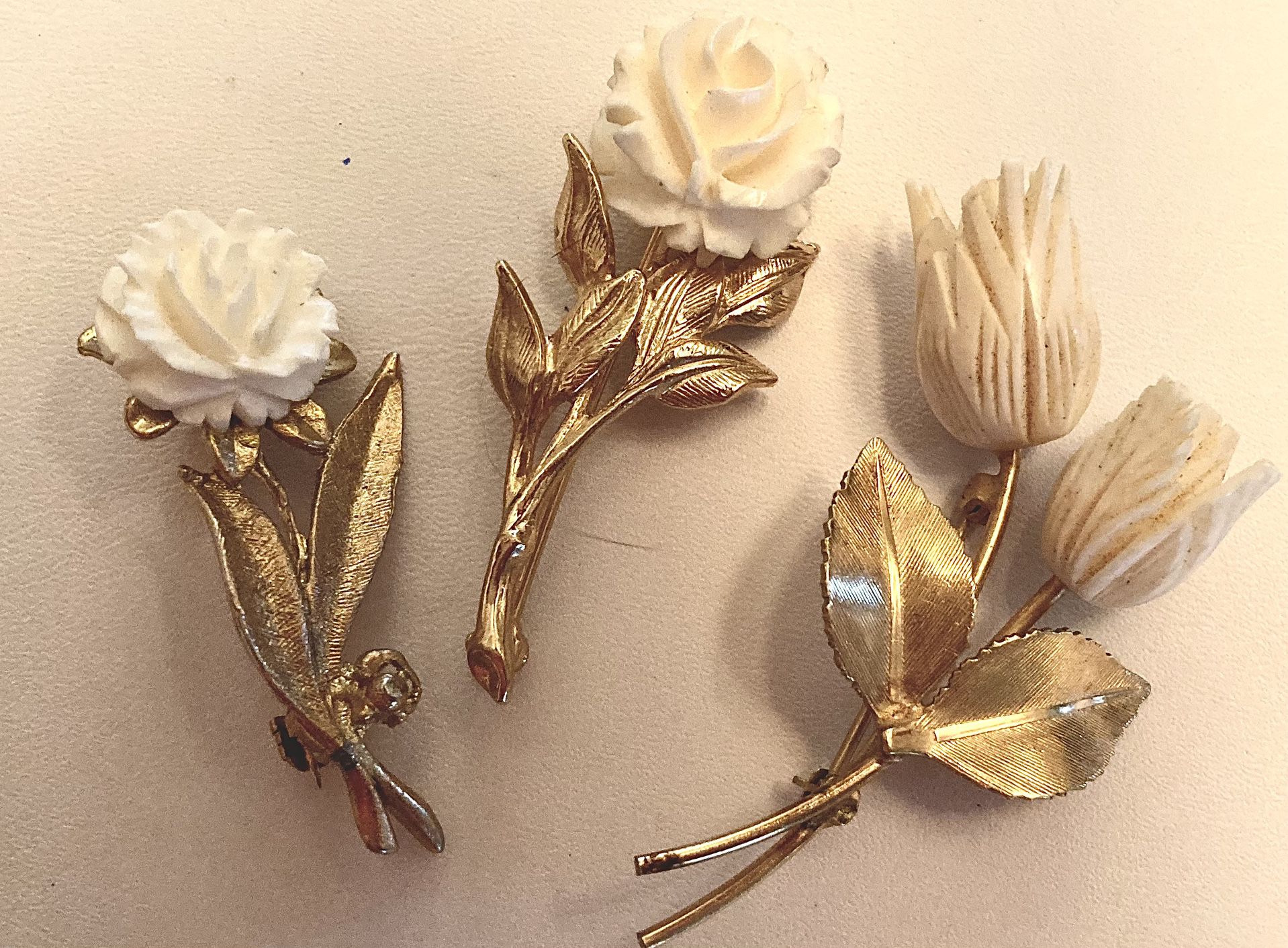 3 Brooches/Pins-Carved Roses-Sterling/Napier Sterling/Winard GF