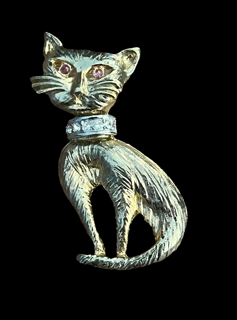 Vintage Pin Brooch Gold Silver Toned Cat Design With Pink Clear Rhinestones Used
