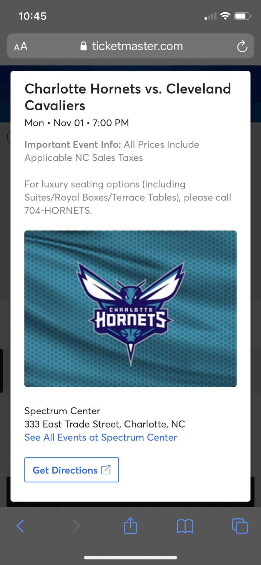 Hornets Vs Cleveland Cavaliers Nov. 1 Section 103 Row AA Seat 31 And 32