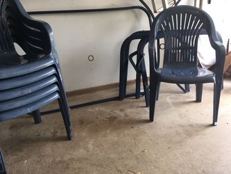 Patio Furniture - Table (38”w  x 60” L), 6 Chairs  table top is plexiglass w/blue  trim & chairs are blue. Table is easy to assemble & store  Thumbnail