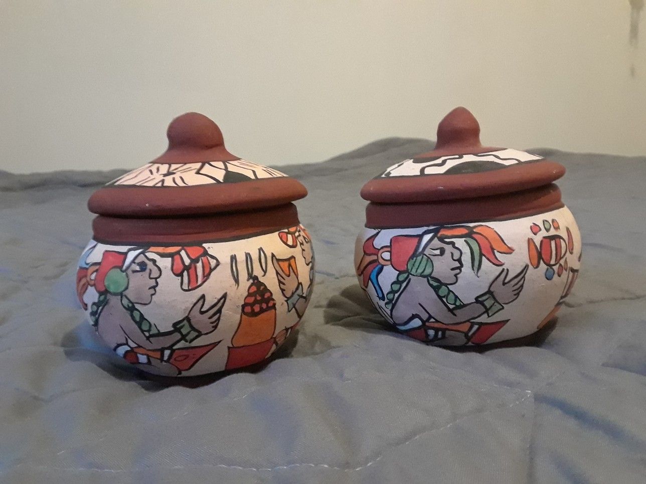 Mayan pots with lids; set of 2 ceramic Aztec handmade lidded containers