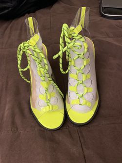 Neon yellow Transparent Chunky High Heels Clear Ankle Boots Lace Up Platform Shoes Size 10 Thumbnail