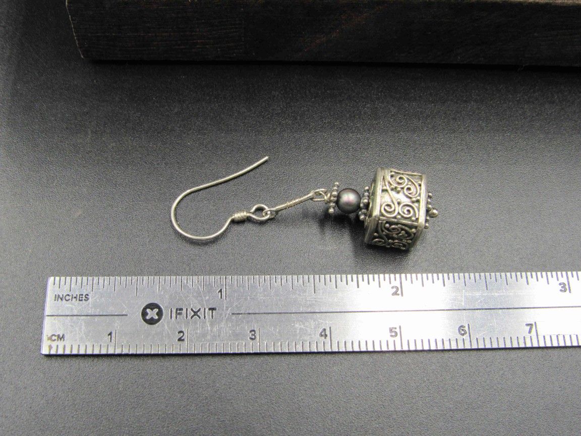Sterling Silver Ornate Design Box & Pearl Accent Earrings Vintage Wedding Engagement Anniversary Beautiful Everyday Minimalist Cute