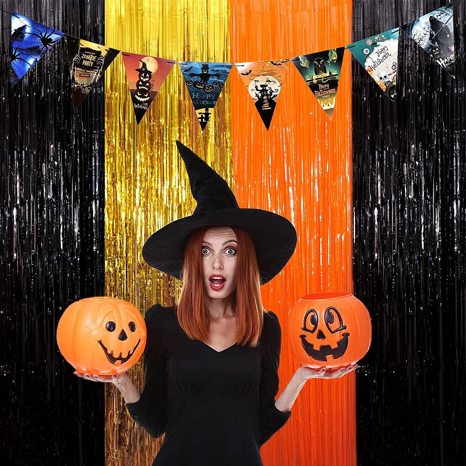 3 Packs Halloween Tinsel Foil Fringe Curtains Black Orange Gold with 8 Pcs Pull Flag Halloween Theme Party Supplies for Halloween Party Photo Backdrop