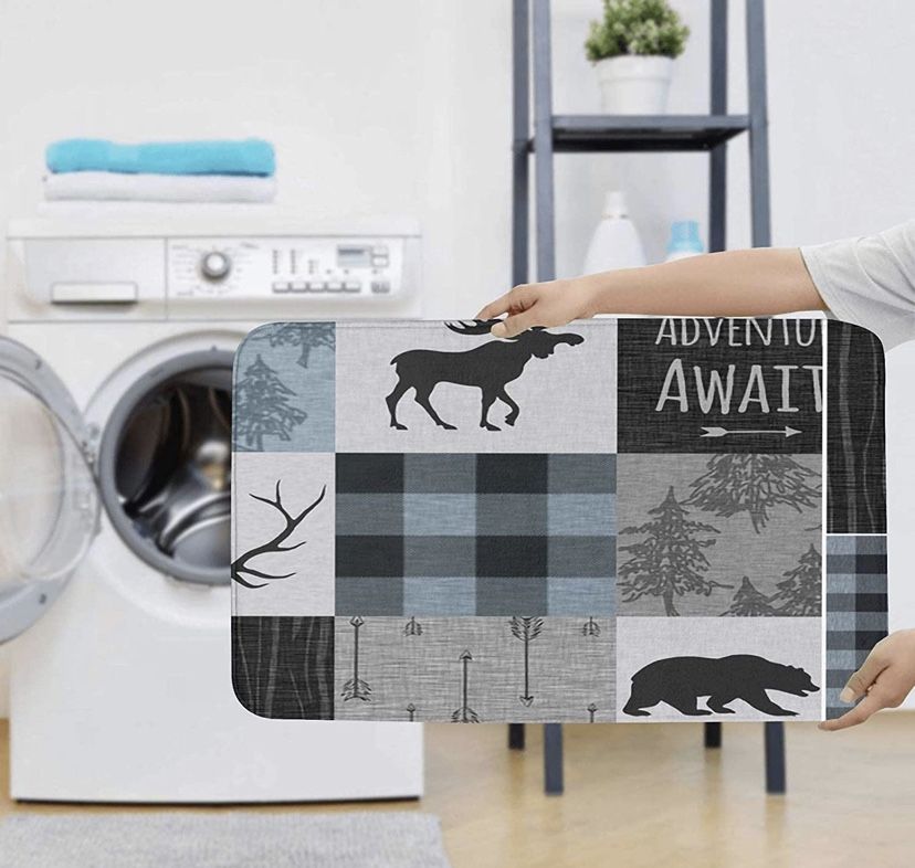 4pcs Retro Rustic Lodge Bear Moose Deer Shower Curtain Set Toilet Lid Cover & Bath Mat