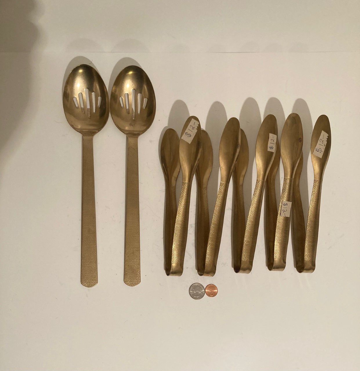Vintage Set of 7 Brass Serving Utensils, 2 Strainers Spoons and 5 Tongs, 13" and 9" Long Each One, Heavy Duty, Quality, Kitchen Decor, Hanging Display