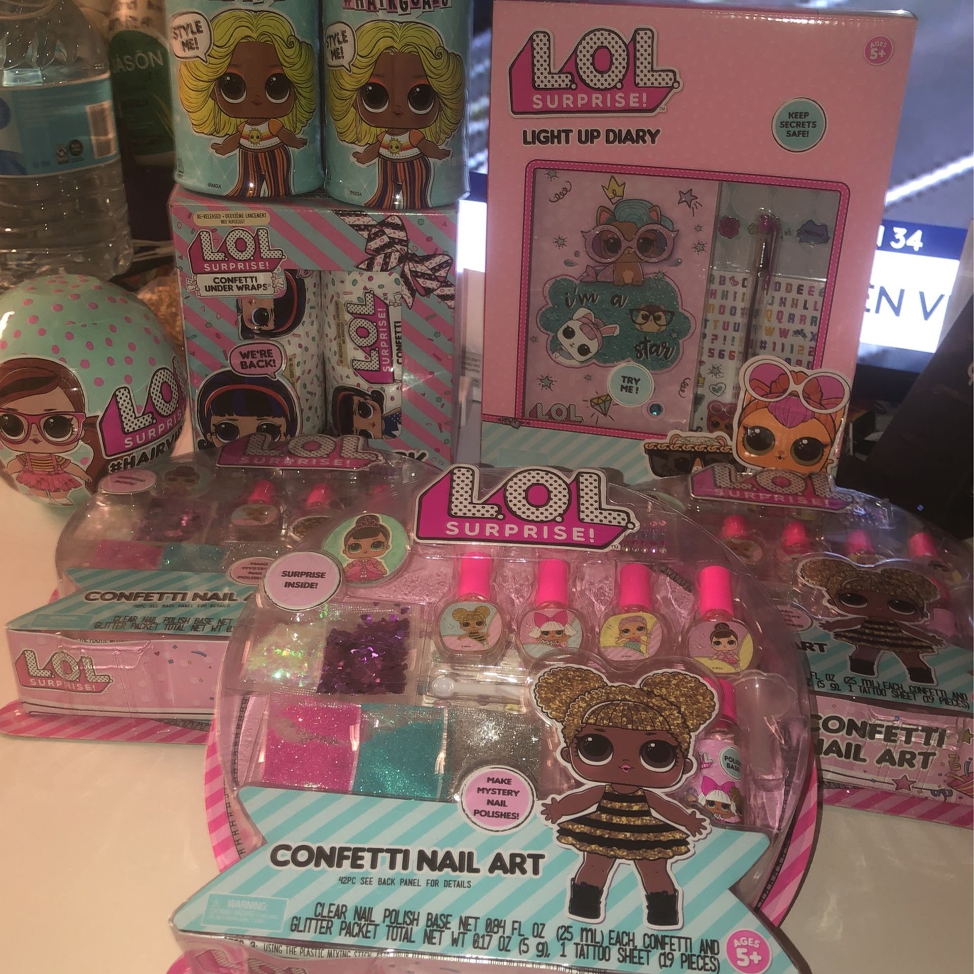 L.O.L. SURPRISE GIFTS!!! AVAILABLE FOR THIS CHRISTMAS HOLIDAYS . L.O.L HAIRGOALS $17, CONFETTI NAIL ART $12 . L.O.L. CONFETTI UNDER WRAPS $25