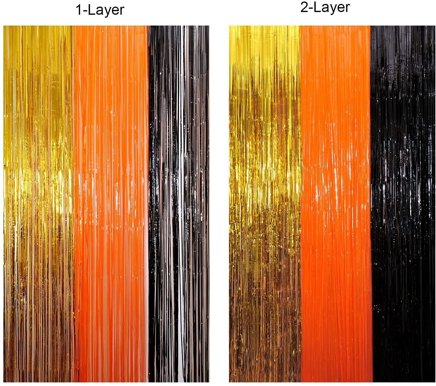 3 Packs Halloween Tinsel Foil Fringe Curtains Black Orange Gold with 8 Pcs Pull Flag Halloween Theme Party Supplies for Halloween Party Photo Backdrop