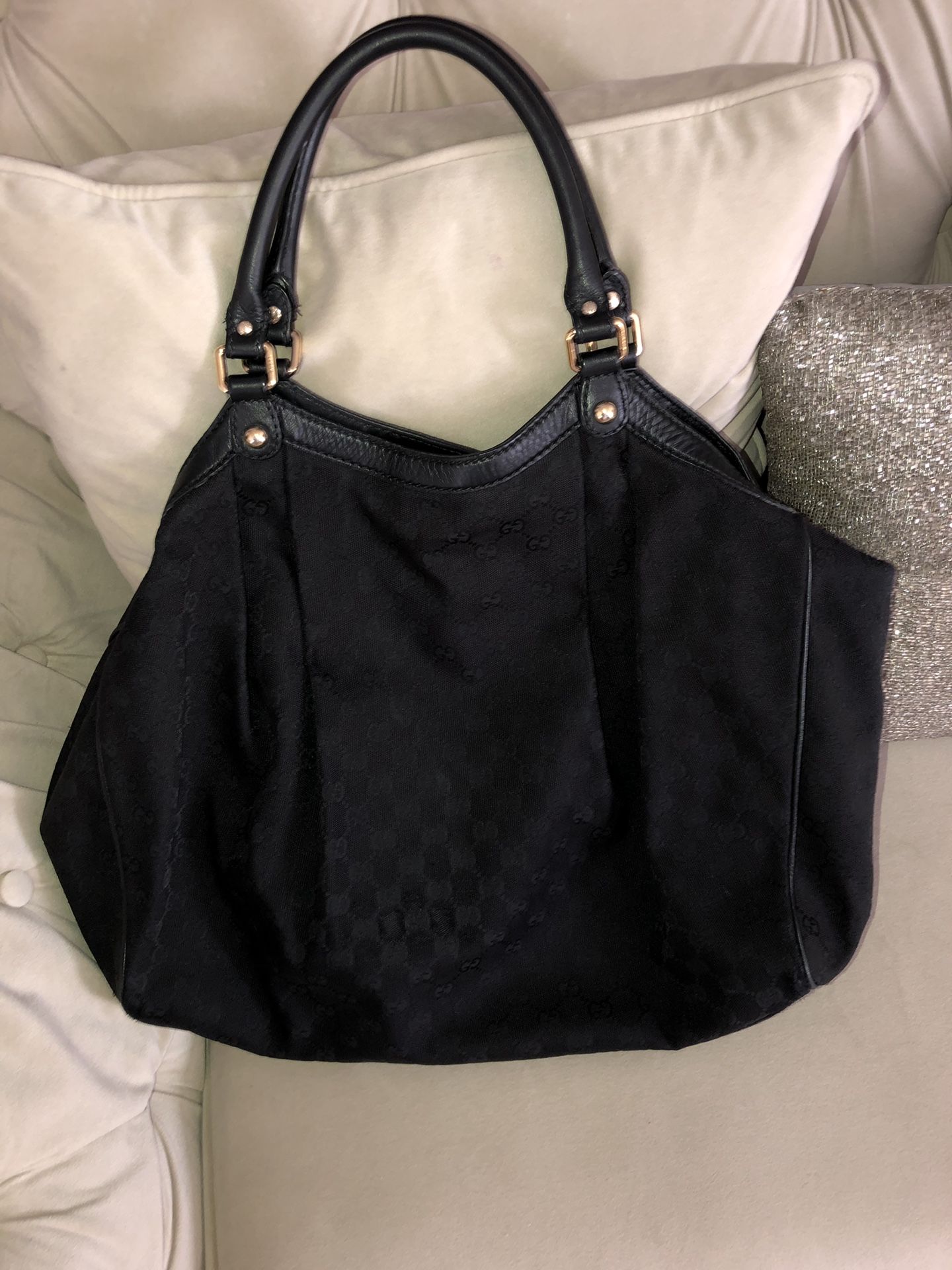 Large Authentic Gucci Sukey Handbag Tote canvas material with Gucci charm.