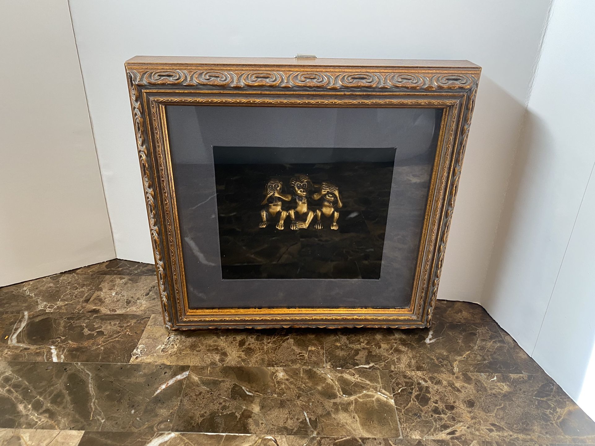 3 Monkeys-see, hear, speak no evil-shadow box 3D wall plaque Gold 11”x11.5”x2.5”