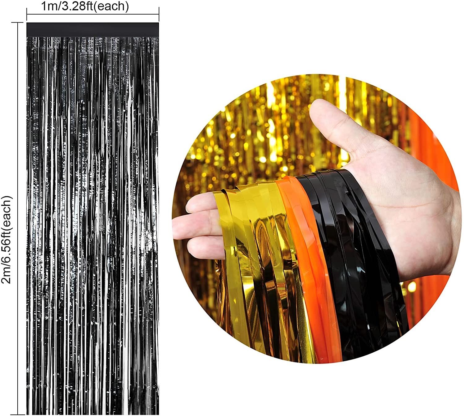 3 Packs Halloween Tinsel Foil Fringe Curtains Black Orange Gold with 8 Pcs Pull Flag Halloween Theme Party Supplies for Halloween Party Photo Backdrop