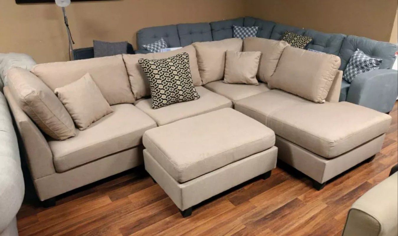 Brand New Sand Color Linen Sectional Sofa Couch + Ottoman 