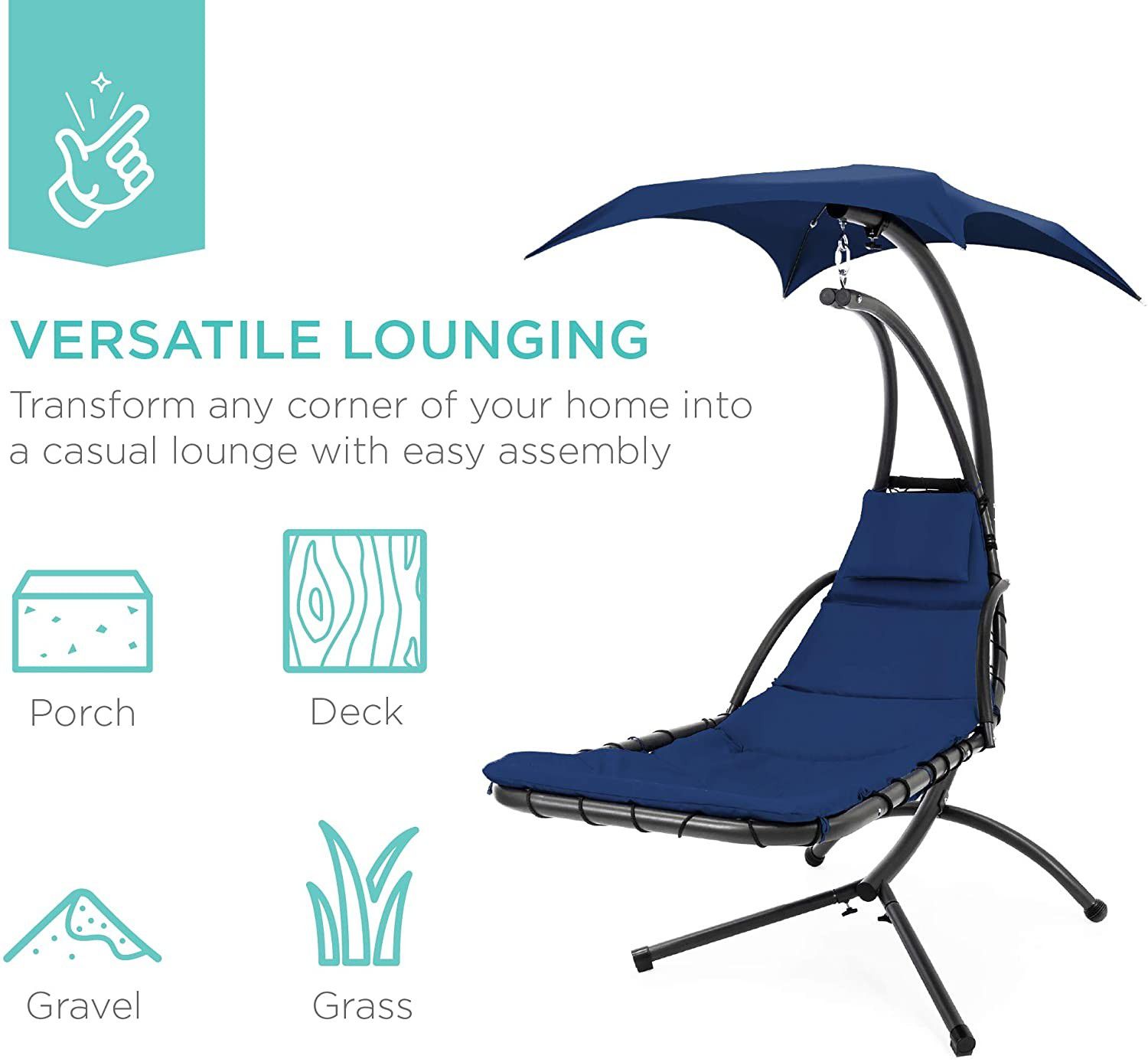 Hanging Curved Lounge Chair Swing Canopy with Pillow, Stand, Navy Blue