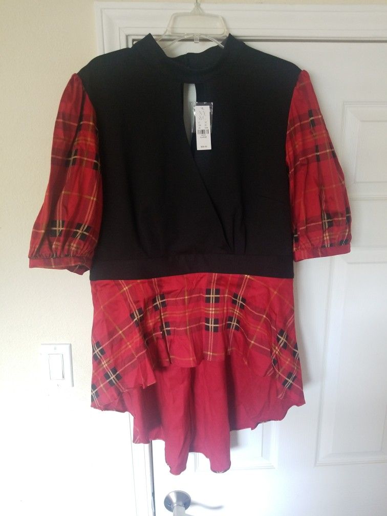 New York And Company Black/Red Tartan Plaid Hi-Lo Handkerchief Hem ShirtÂ
