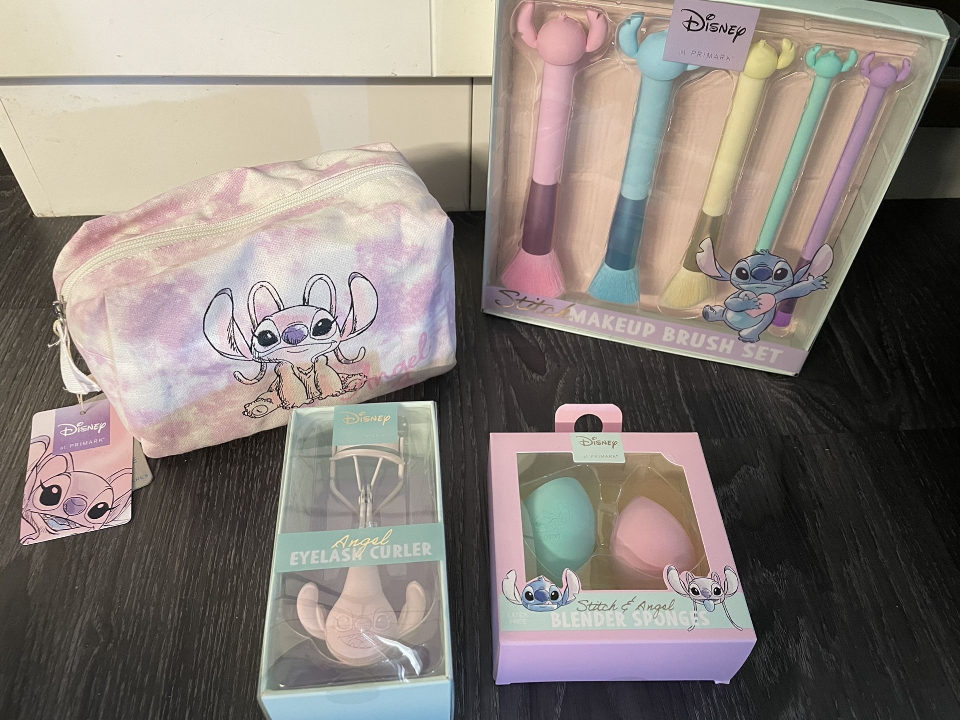 NWT Lilo And Stitch Makeup Bag, Makeup Brush Set, Eyelash Curler And Face Sponges