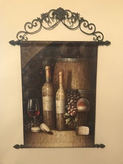 Original Painting On Canvas With Heavy Metal  Frame.  Wine,  Grapes,  Bread. What More Could You Want.  Perfect For Bar , Dining Room. Thumbnail