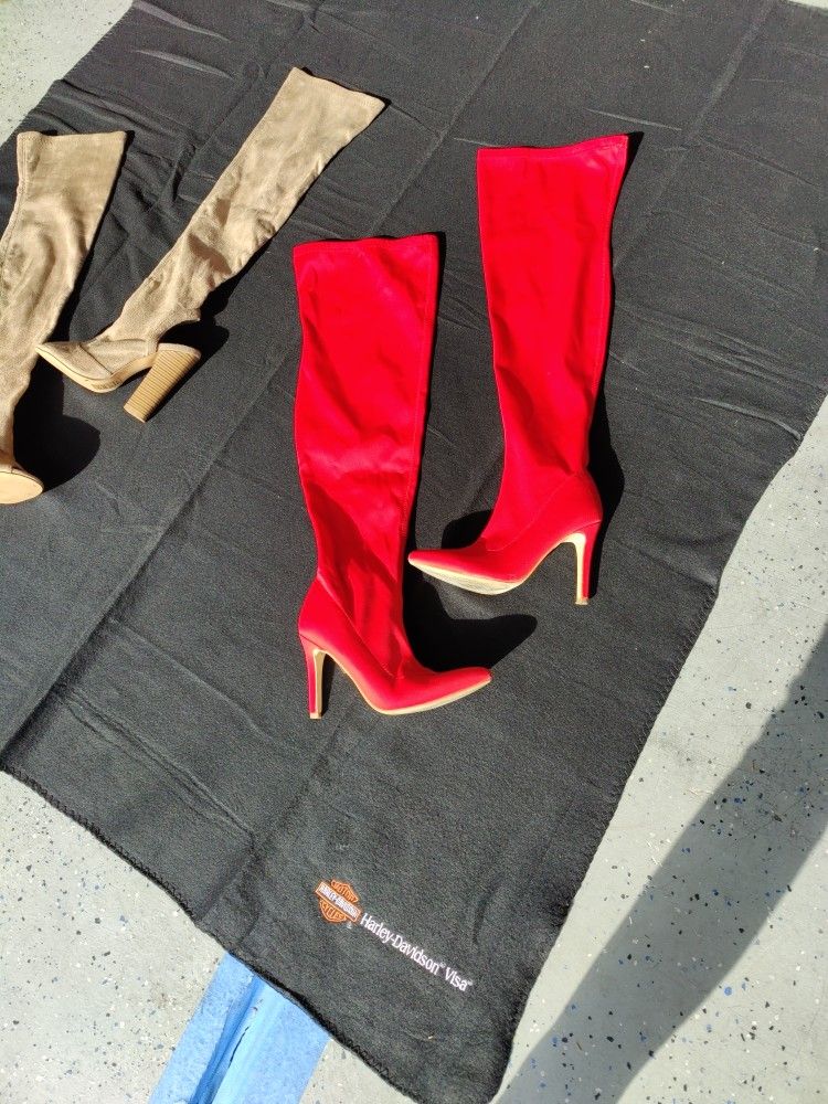 Thigh High Boot Red ♥️ And Tan Boots Size 5 1/2