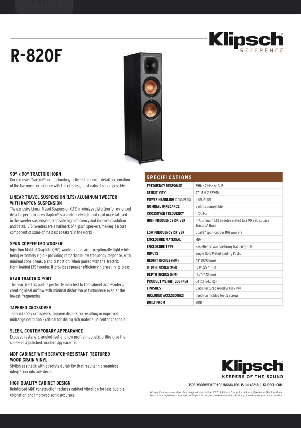 Klipsch R-820F Floorstanding Speakers - Pair!