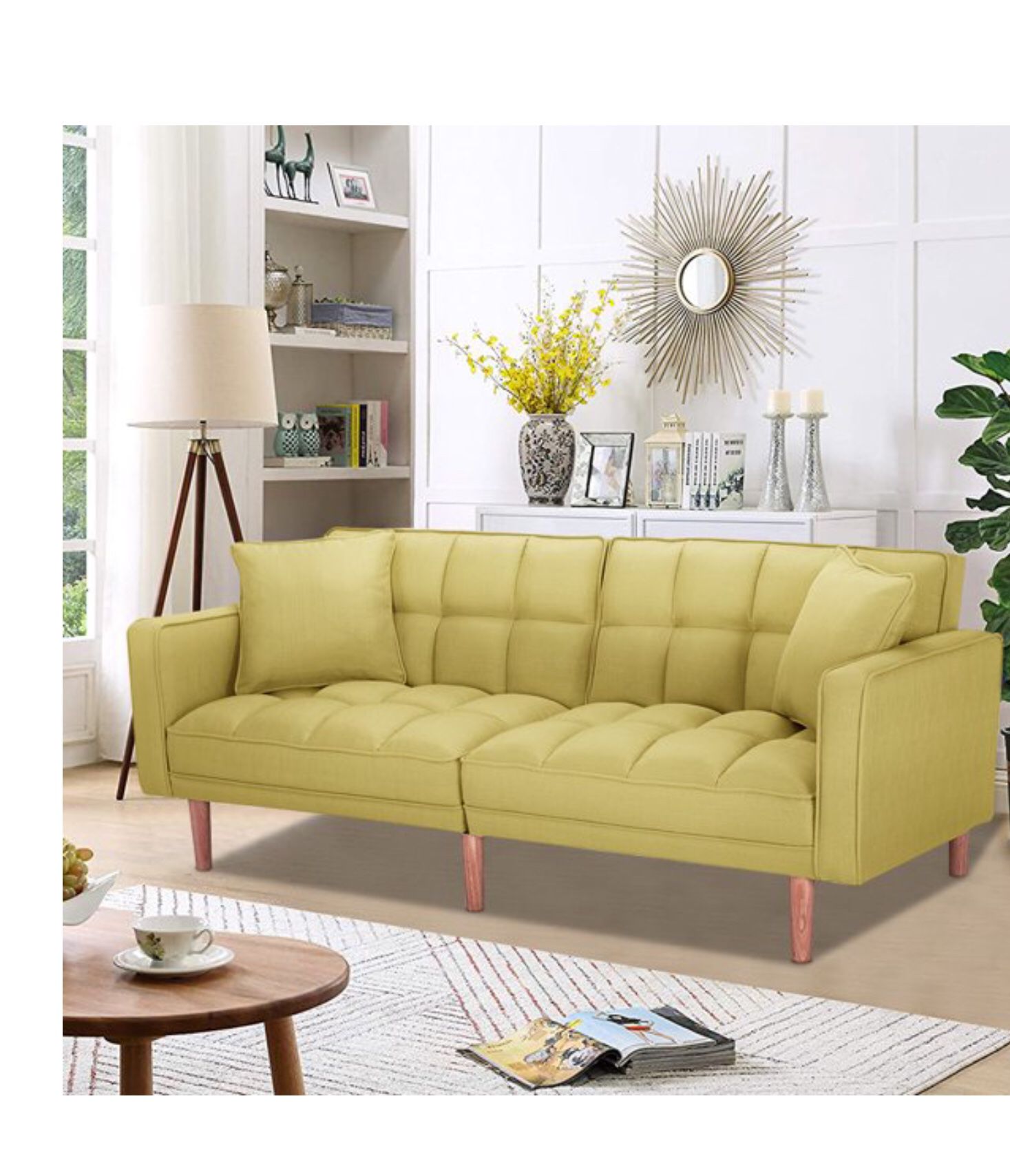 Futon, Sofa, Convertible Bed , Yellow, W Pillows And Wood Base, Faux leather , Yellow