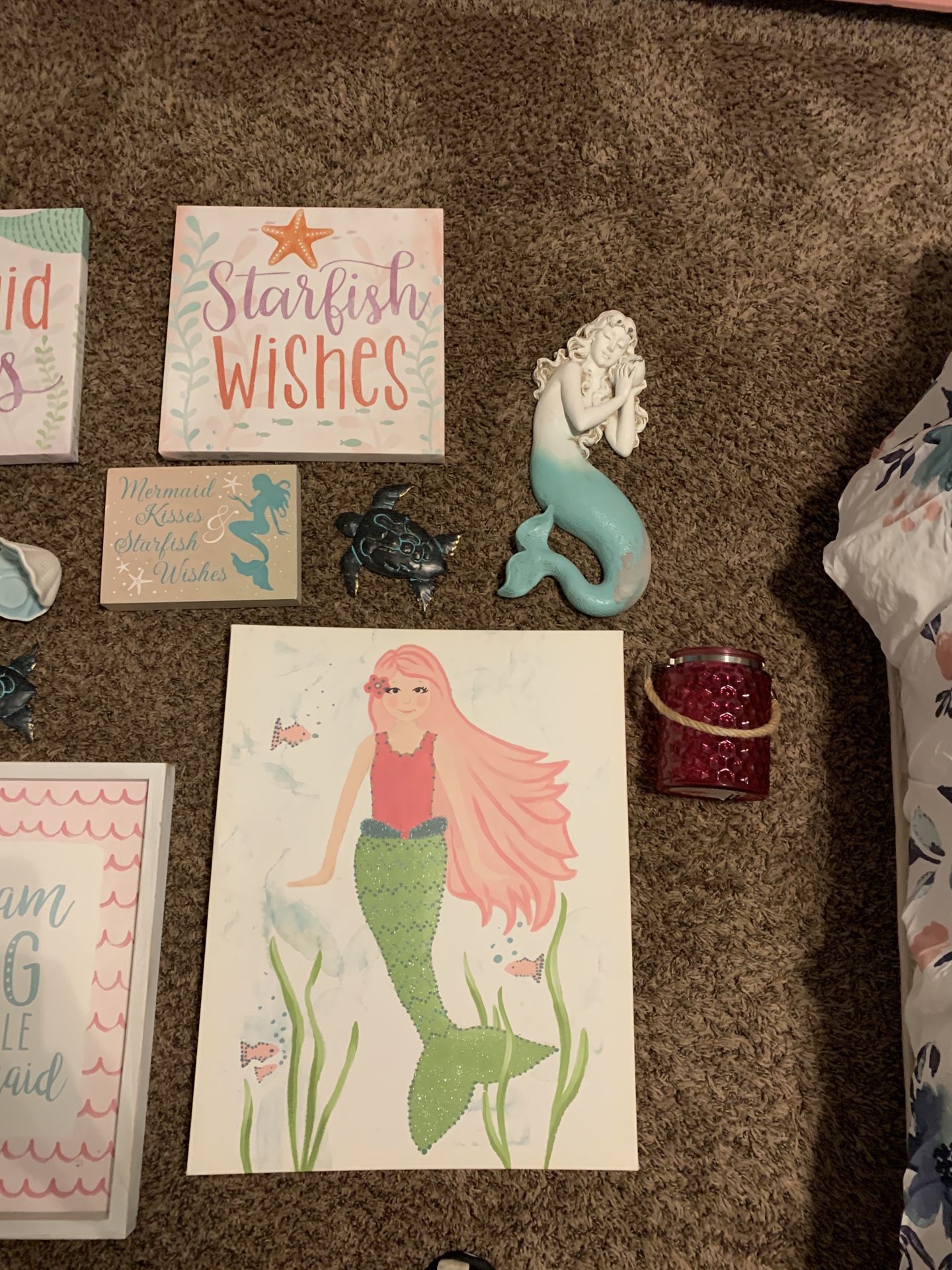 Mermaid decor and comforter set with sheets and two curtain sets.