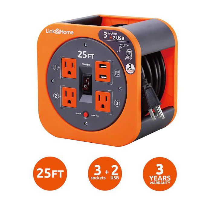 Link2Home 
Cord Reel Power Management 25-ft 16/3 3-Prong Indoor SJT Medium Duty General Extension Cord

