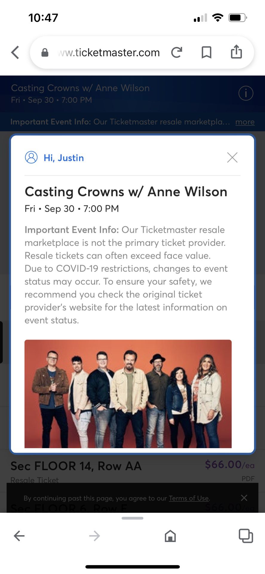 3 tickets to Casting Crowns-3rd row
