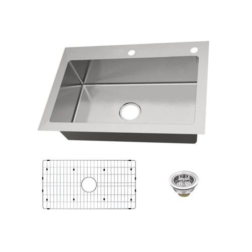 Glacier Bay Dual Mount 18-Gauge Stainless Steel 33 in. 2-Hole Single Bowl Kitchen Sink with Grid and Drain Assembly -#73800 -OS