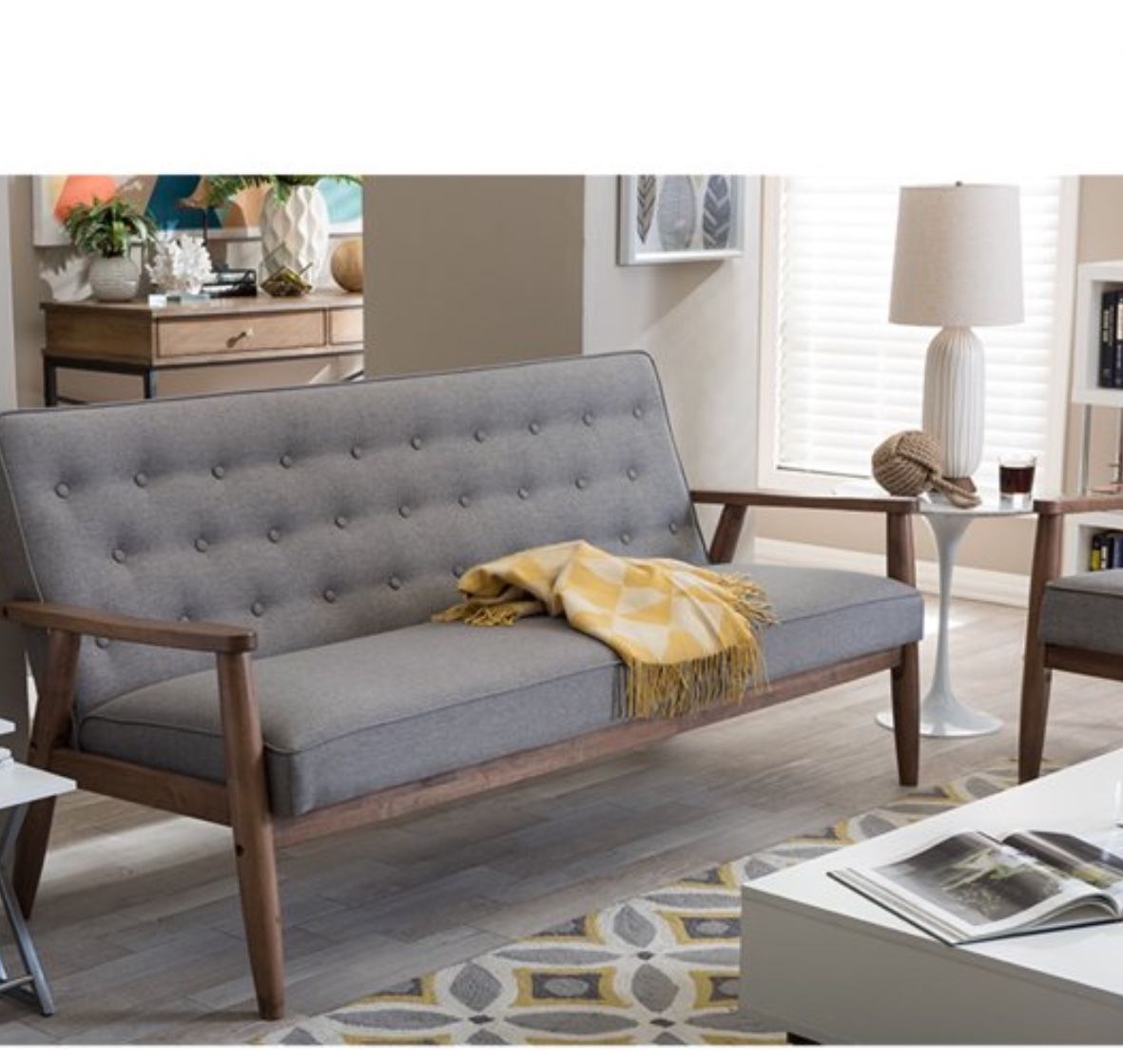 Sofa, Futon, Couch, Wood And Faux Leather, Gray