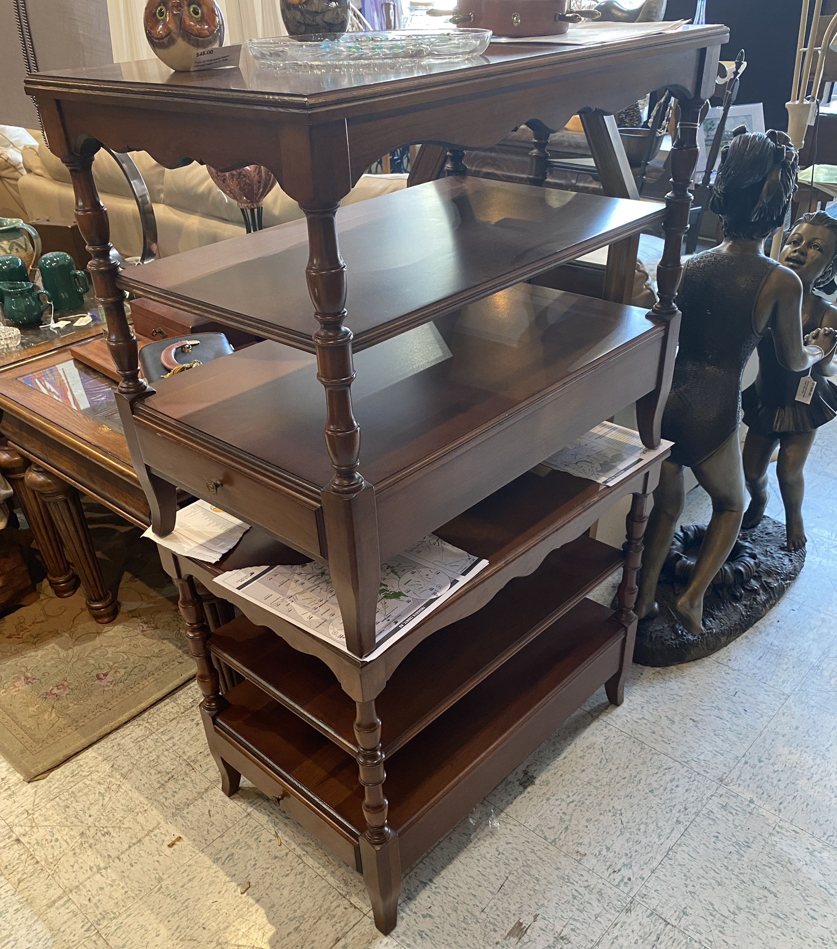 Pair Of 2 Tier , 1 Drawer Solid Wood End Stands