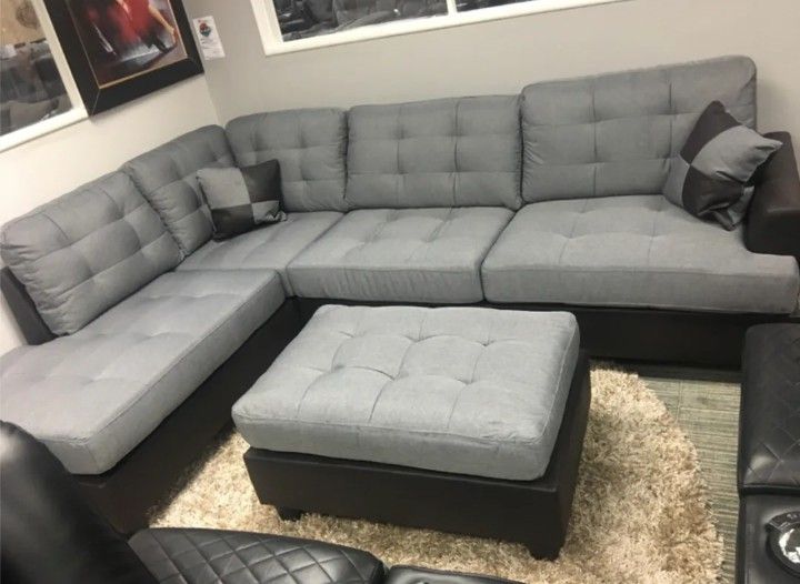 Brand New Grey Linen Sectional Sofa Couch + Ottoman