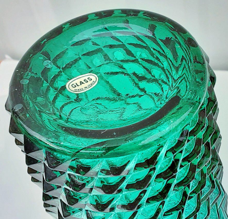 Made in Italy MCM teal aquamarine 10" diamond patterned Mid Century art glass vase AI 