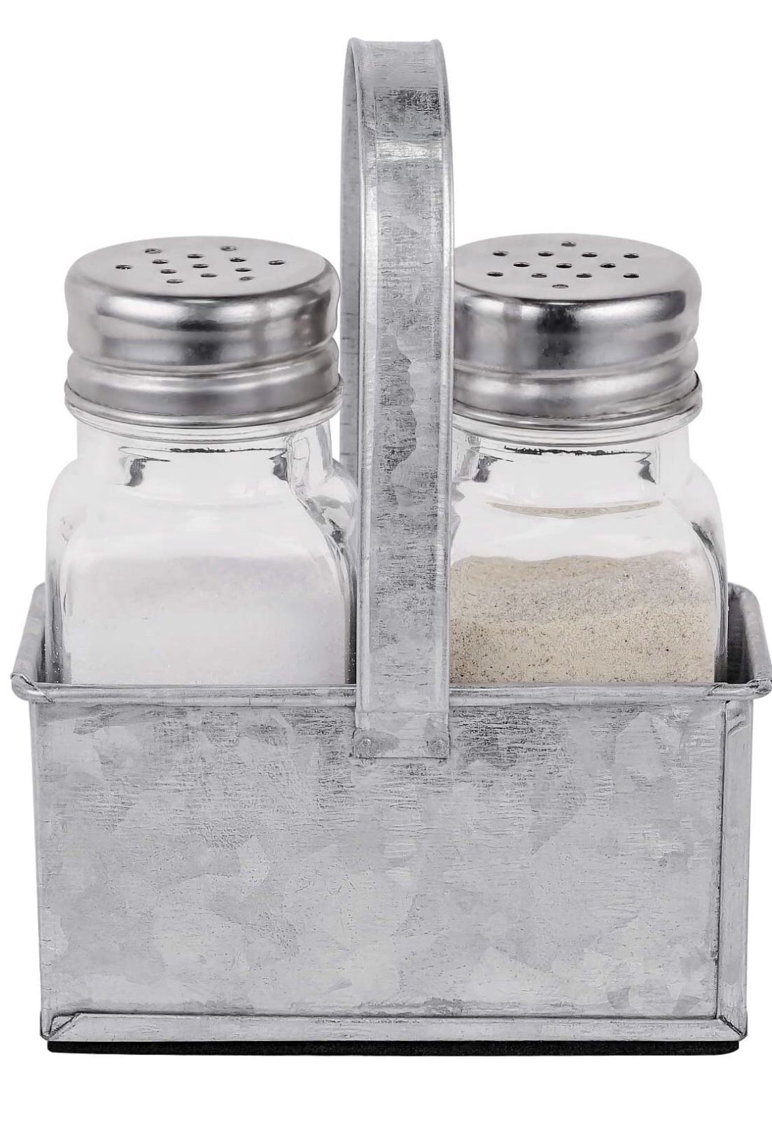 Biewoos Salt and Pepper Shaker Set with Farmhouse Premium Padded Caddy, Rustic Vintage Galvanized Table Decor for Kitchen Table Restaurants Weddings