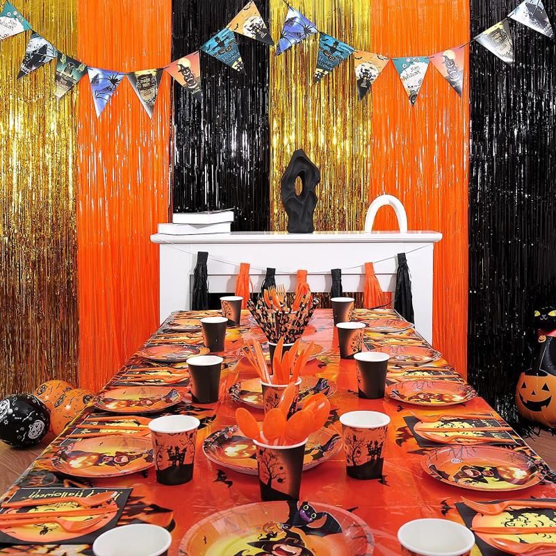 3 Packs Halloween Tinsel Foil Fringe Curtains Black Orange Gold with 8 Pcs Pull Flag Halloween Theme Party Supplies for Halloween Party Photo Backdrop