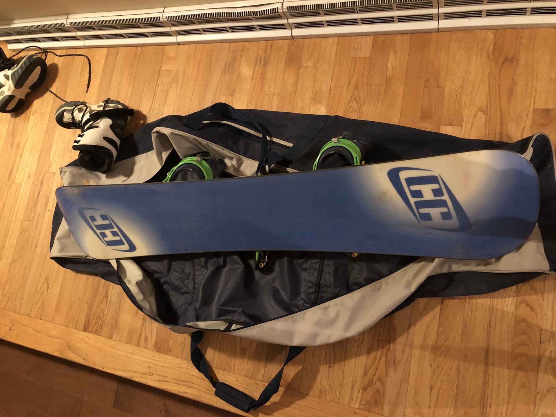 Snowboard with boots and bag