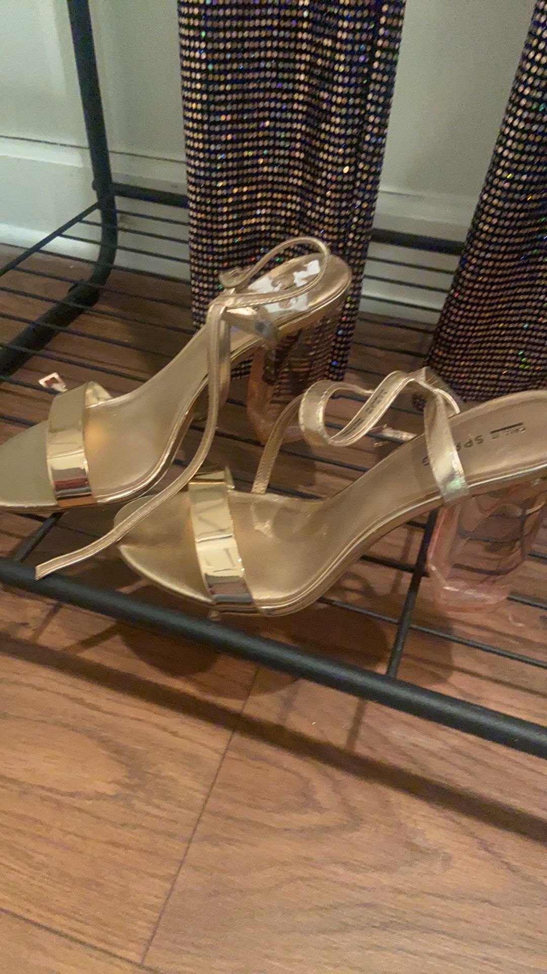 Gold Strap Heels With Clear Pink Heel