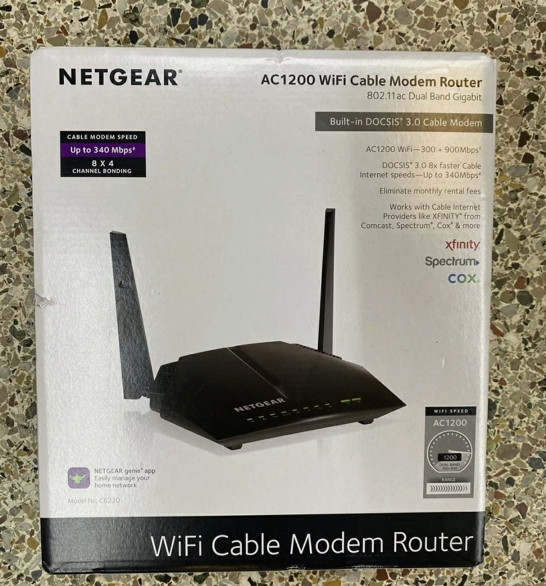 New NETGEAR Cable Modem WiFi Router Combo C6220 Compatible With Cable Providers Including Xfinity by Comcast Spectrum Cox AC1200 WiFi DOCSIS 3.0