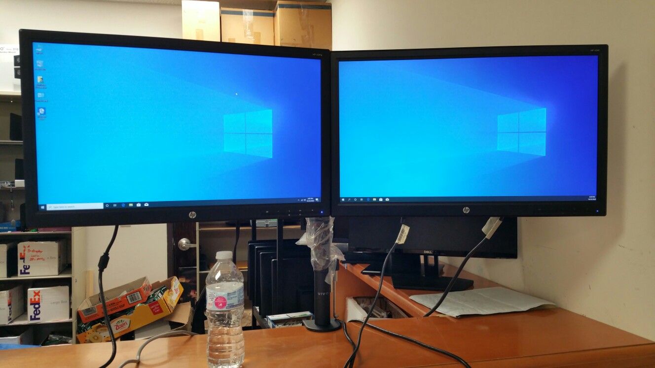 【Price Super Firm】Two HP 24"LED monitors on one Dual-armed stand, with cables: VGA, DVI, HDMI ports