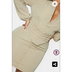 Stylish, khaki, long-sleeved, corset dress.  Thumbnail